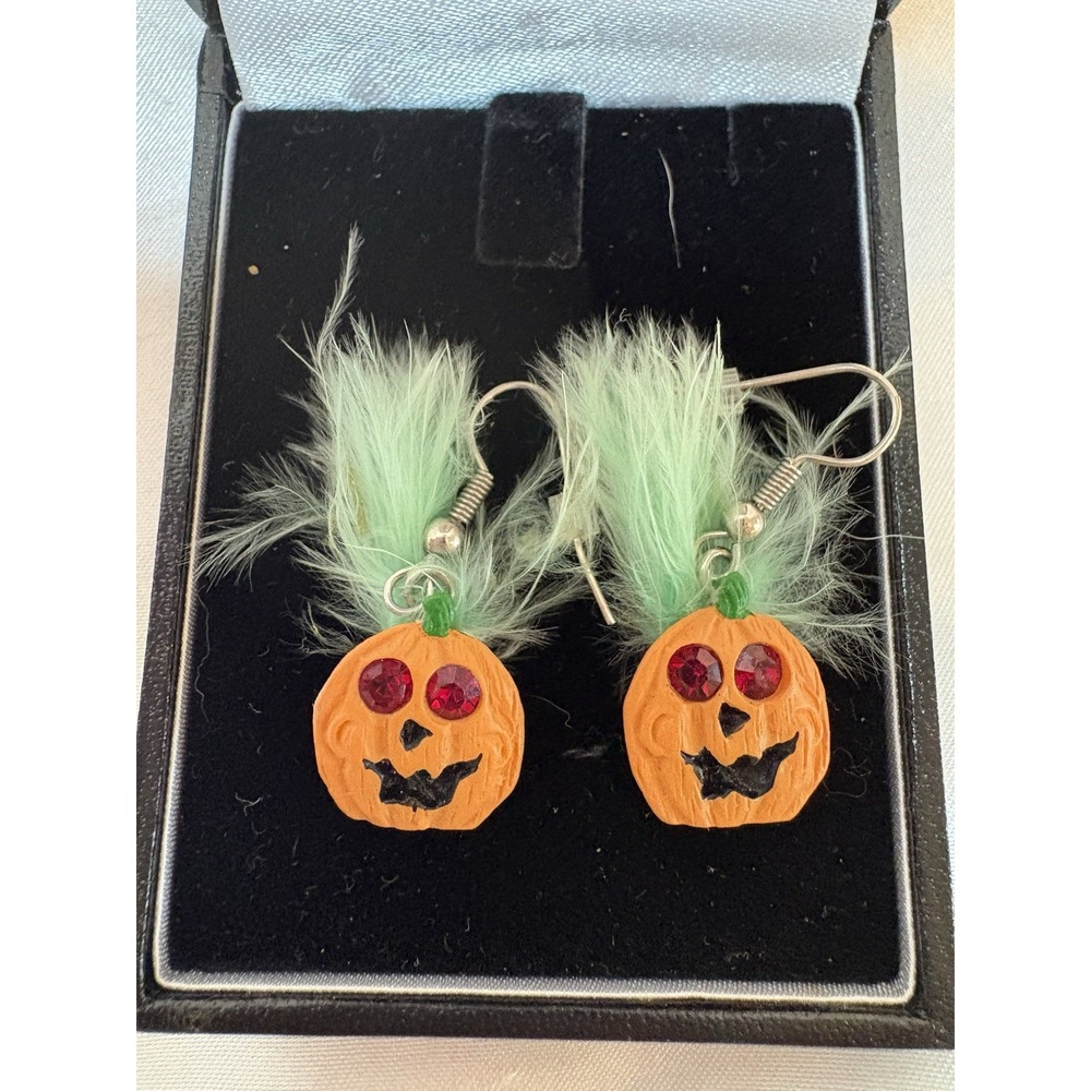 Vintage Pumpkin Halloween Jack O Lantern pierced earrings crazy troll hair
